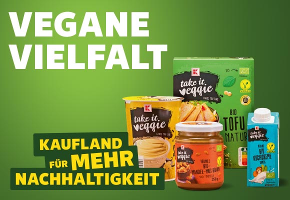 Schriftzug: Vegane Vielfalt; Logo: Kaufland für mehr Nachhaltigkeit; Abbildung: Versch. Artikel von K-take it veggie