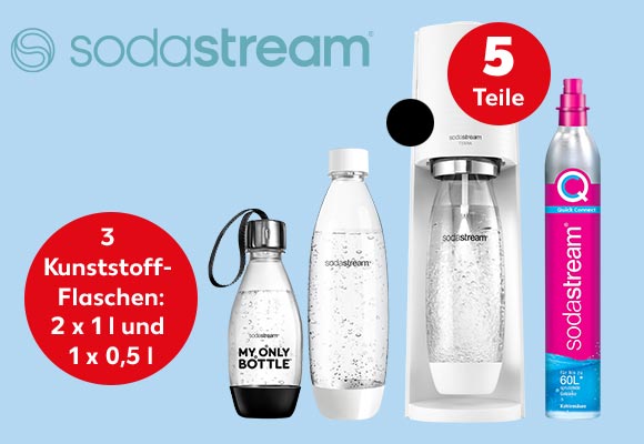 Logo: sodastream®; Produktabbildung: Sodastream Wassersprudler »Terra« Promo-Pack, Störer: 3 Kunststoff-Flaschen: 2 x 1 l und 1 x 0,5 l; Störer: weißer Farbkreis; Störer: 5 Teile