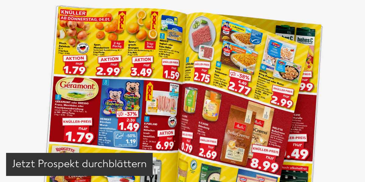Abbildung: Prospekt wird durchgeblättert; Button: Jetzt Prospekt durchblättern