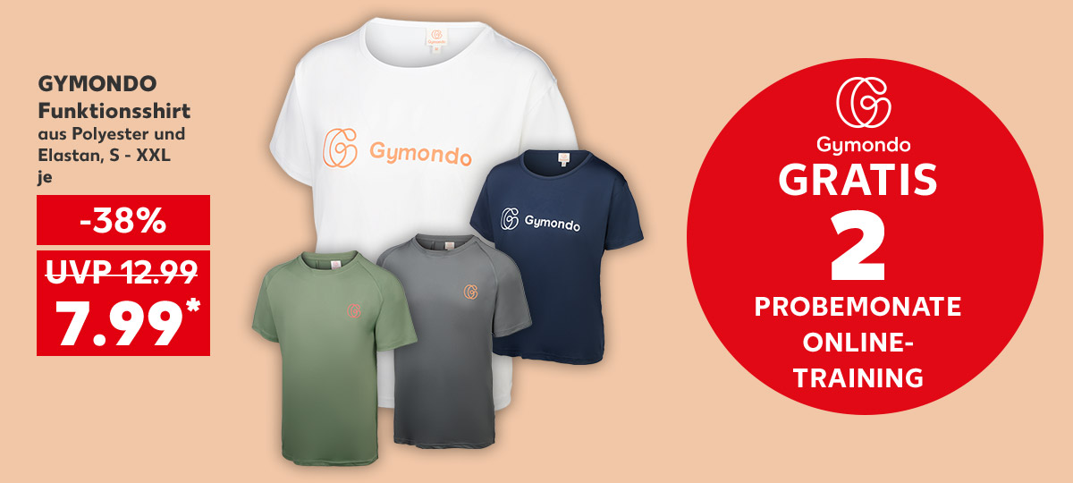 Gymondo Funktionsshirt, aus Polyester und Elastan, S - XXL, je für 7.99 Euro* (UVP = 12.99 Euro); Störer: Logo: Gymondo; Schriftzug: Gratis, 2 Probemonate Online-Training¹