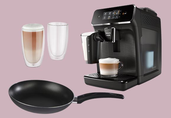 Produktabbildungen: Philips Kaffeevollautomat »EP2230/10«, Spice&Soul® Thermogläser Latte Macchiato, Elo Pfannen