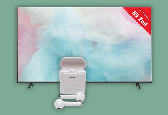Produktabbildungen: Hisense UHD-Smart-TV »55A6K«, Denver Bluetooth-In-Ear-Kopfhörer »TWE-39«