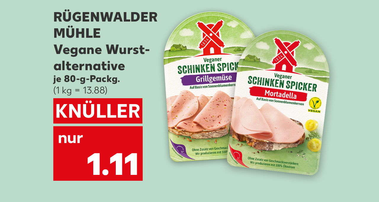 Rügenwalder Mühle Vegane Wurstalternative, versch. Sorten, je 80-g-Packg. für 1.11 Euro (1 kg = 13.88)
