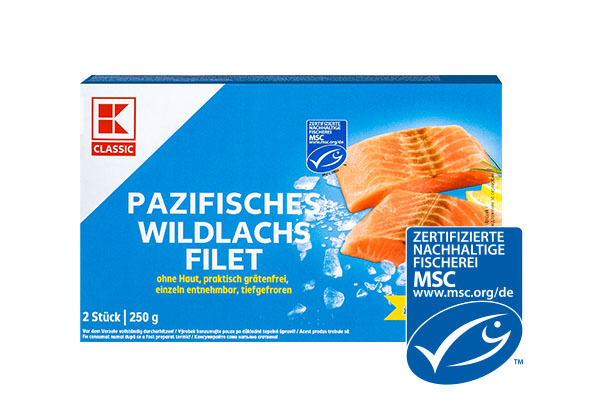 K-Classic Pazifisches Wildlachsfilet; Logo: Msc-zertifizierte nachhaltige Fischerei