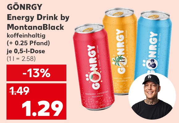 Gönrgy Energy Drink by MontanaBlack, koffeinhaltig, (+ 0.25 Pfand), je 0,5-l-Dose für 1.29 Euro (1 l = 2.58); Abbildung: Twich-Star MontanaBlack
