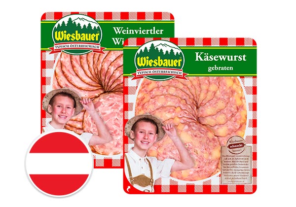 Wiesbauer Österr. Wurstspezialitäten, versch. Sorten; Flagge: Österreich