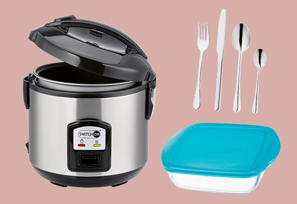 Produktabbildungen: Switch On® Reiskocher »SORK 400 D1«, Spice&Soul® Besteck-Set, Pyrex Mehrzweckform »Cook & Store«