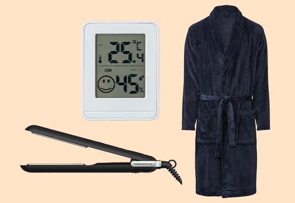 Produktabbildungen: Liv&Bo® Bademantel, Switch On® Thermo-Hygrometer, Grundig Haarglätter »HS 7034«