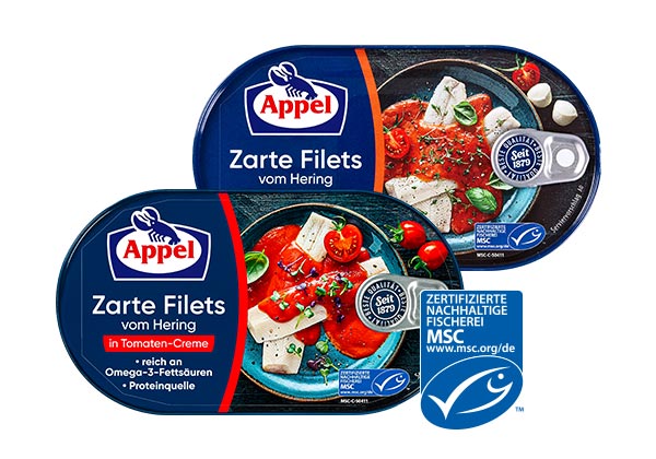 Appel Zarte Heringsfilets, versch. Sorten; Logo: Msc-zertifizierte nachhaltige Fischerei