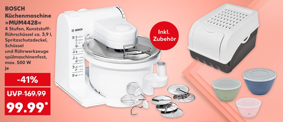Bosch Küchenmaschine »MUM4428« 4 Stufen, Kunststoff-Rührschüssel ca. 3,9 l, Spritzschutzdeckel, Schüssel und Rührwerkzeuge spülmaschinenfest, max. 500 W, je für 99.99 Euro* (UVP = 169.99 Euro); Störer: Inkl. Zubehör; Weitere Produktabbildungen: Spice&Soul® Kartoffel- und Gemüsebox, Emsa Rührschüsseln »Prep & Bake«