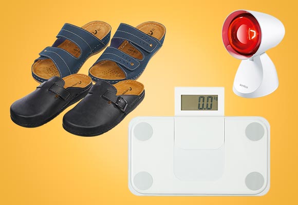 Produktabbildungen: Camprella Komfort-Pantoletten, Liv&Bo® Personenwaage, Sanitas Infrarotlampe »SIL06«