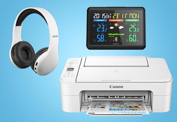 Produktabbildungen: Denver Bluetooth-Kopfhörer »BTH-240K«, Hama Wetterstation »185861«, Canon Multifunktionsdrucker »Pixma TS3351«