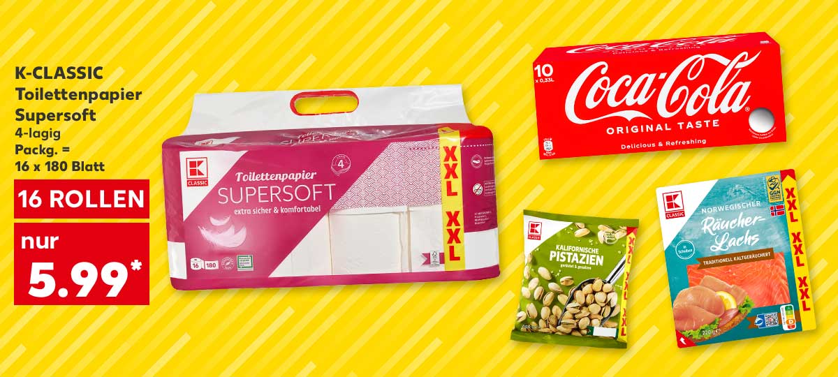 K-Classic Toilettenpapier Supersoft, 4-lagig, Packg. = 16 x 180 Blatt, 16 Rollen für 5.99 Euro*; Weitere Produktabbildungen: Coca-Cola Cola, K-Classic Pistazien, K-Classic Räucherlachs