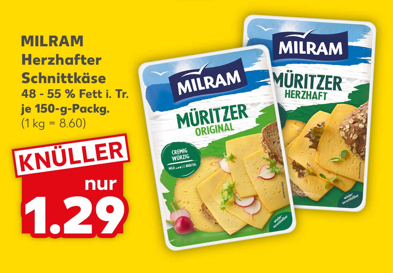 Milram Herzhafter Schnittkäse, versch. Sorten, 48 - 55 % Fett i. Tr., je 150-g-Packg. für 1.29 Euro (1 kg = 8.60)