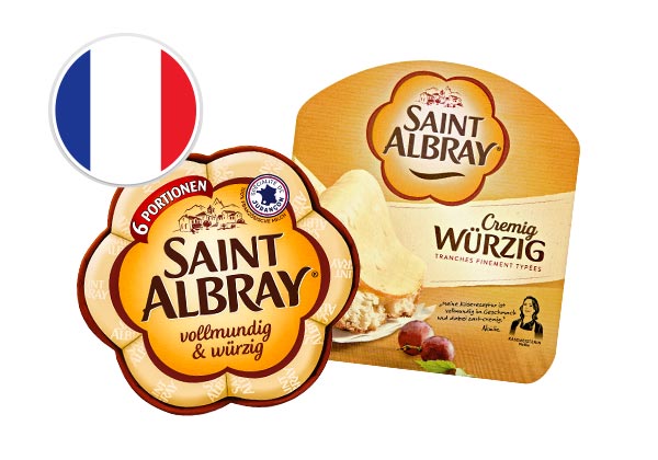 Saint Albray oder St. Agur Franz. Weich- oder Schnittkäse, versch. Sorten; Flagge: Frankreich