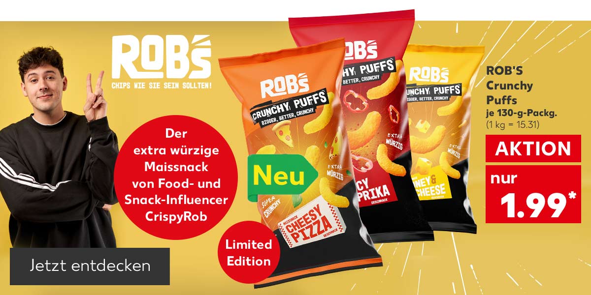 Rob's Crunchy Puffs, versch. Sorten, je 130-g-Packg. für 1.99 Euro* (1 kg = 15.31); Abbildung: Food- und Snack-Influencer CrispyRob; Störer: Der extra würzige Maissnack von Food- und Snack-Influencer CrispyRob; Störer an Sorte Cheezy Pizza: Neu; Störer: Limited Edition; Button: Jetzt entdecken
