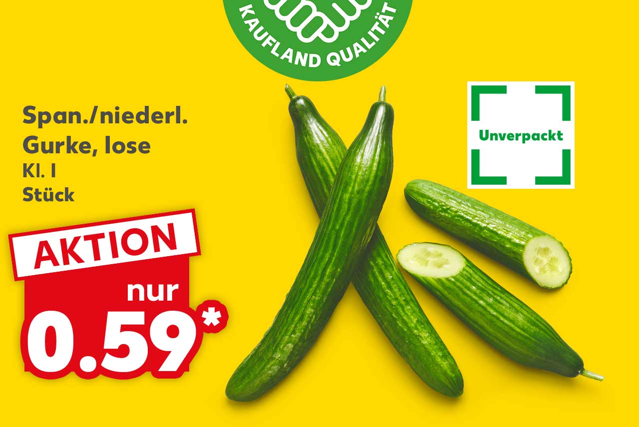 Span./niederl. Gurke, lose, Kl. I, Stück, Logo: Unverpackt, Aktion, 0.59 Euro*; Logo: Frischeversprechen Kaufland Qualität