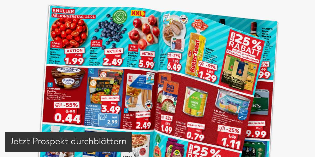 Abbildung: Prospekt wird durchgeblättert; Button: Jetzt Prospekt durchblättern