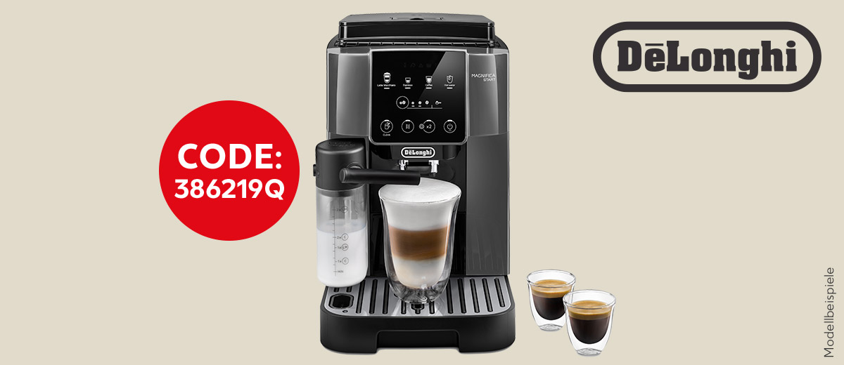 Logo: De'Longhi; Abbildung: Kaffeevollautomat von De'Longhi; Störer: Code: 386219Q; Schriftzug: Modellbeispiele