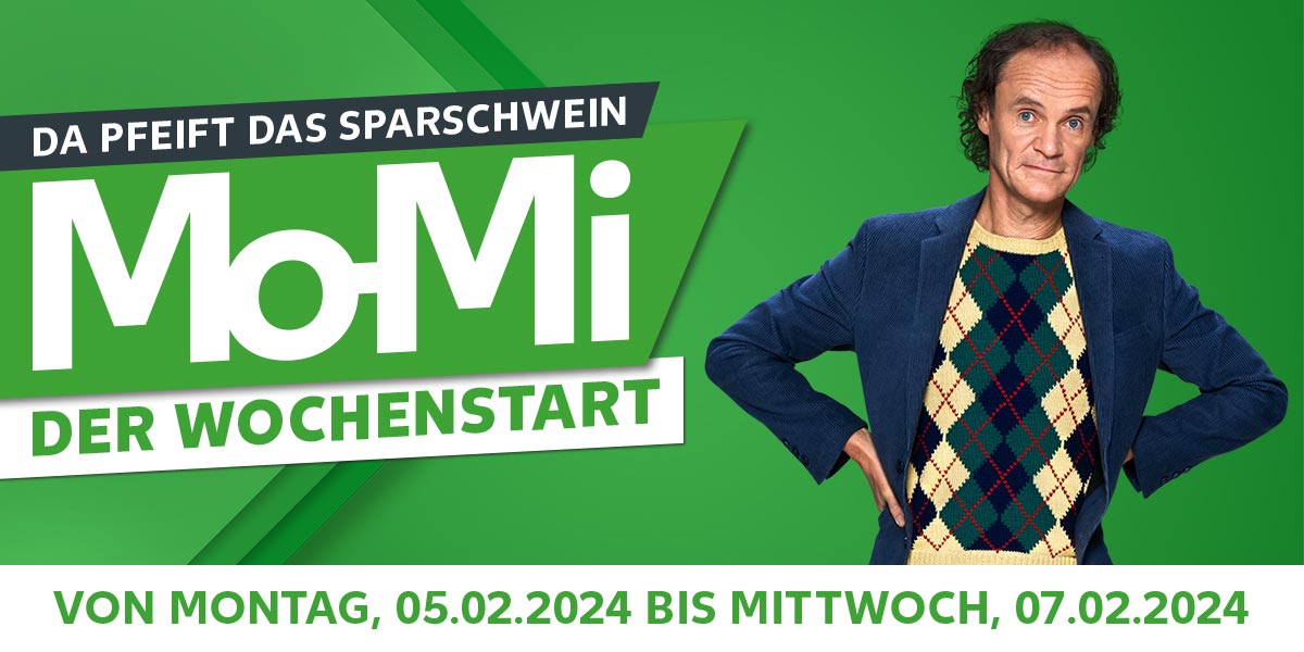 Schriftzug: Da pfeift das Sparschwein, Mo-Mi Der Wochenstart; Von Montag, 05.02.2024 bis Mittwoch, 07.02.2024; Abbildung: Olaf Schubert