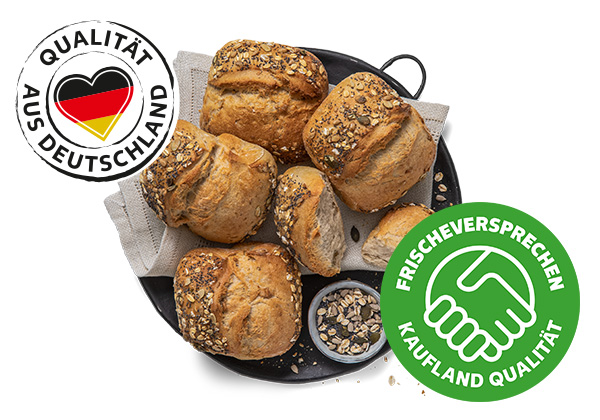 Bauernbrötchen mit Saaten***; Logo: Frischeversprechen Kaufland Qualität; Logo: Qualität aus Deutschland