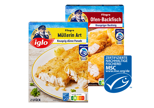 Iglo Filegro, versch. Sorten; Logo: Msc-zertifizierte nachhaltige Fischerei