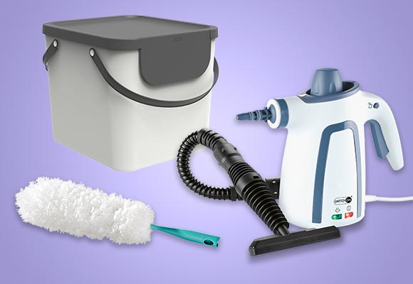 Produktabbildungen: Rotho Recycling-Müllsystem »ALBULA«, Switch On® Handdampfreiniger »SDR 1050 D1«, Leifheit Staubwedel »Duster XL«