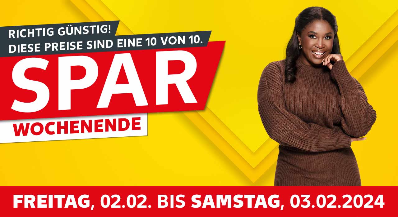 Schriftzug: Richtig günstig! Diese Preise sind eine 10 von 10. Sparwochenende, Freitag, 02.02. bis Samstag, 03.02.2024; Abbildung: Motsi Mabuse