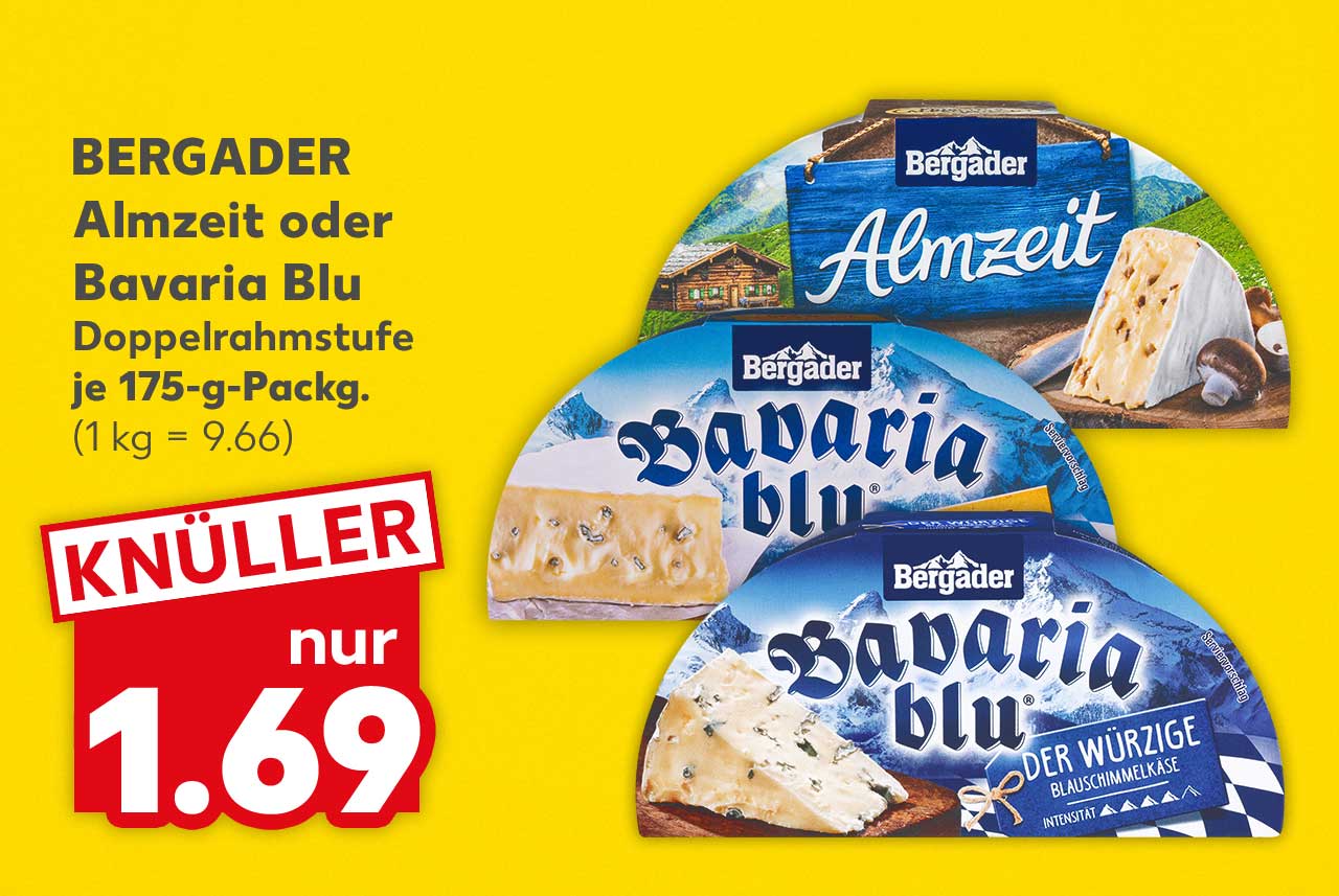 Bergader Almzeit oder Bavaria Blu Weichkäse, Doppelrahmstufe, versch. Sorten, je 175-g-Packg. für 1.69 Euro (1 kg = 9.66)