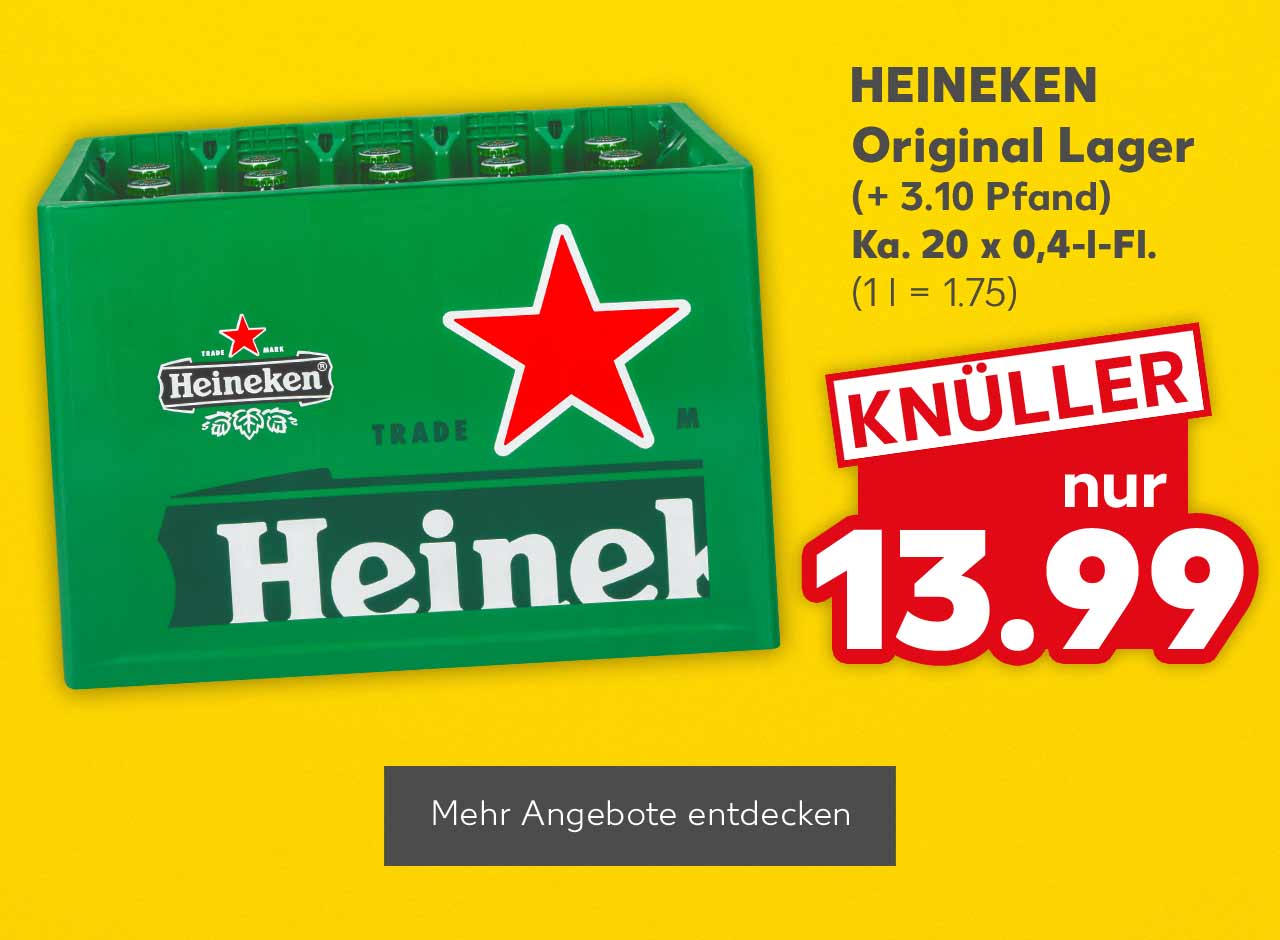 Heineken Original Lager, (+ 3.10 Pfand), Ka. 20 x 0,4-l-Fl. für 13.99 Euro (1 l = 1.75); Button: Mehr Angebote entdecken