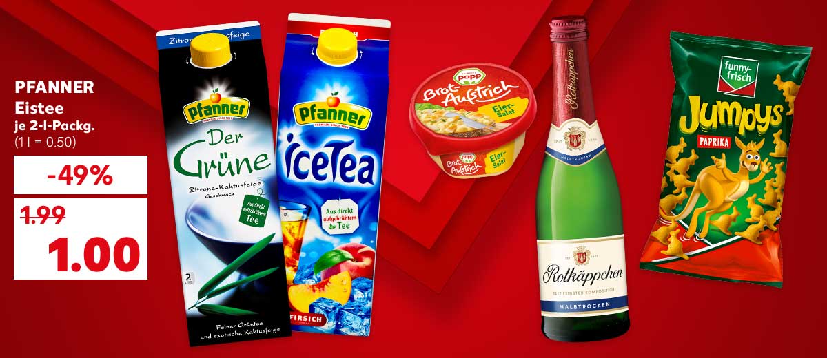 Pfanner Eistee, versch. Sorten, je 2-l-Packg. für 1.00 Euro (1 l = 0.50); Weitere Produktabbildungen: Popp Pikanter Brotaufstrich, Rotkäppchen Piccolo-Sekt, Funny-Frisch Knuspersnack