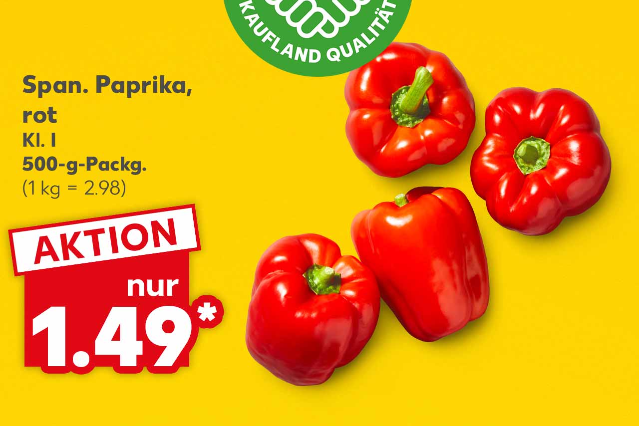 Span. Paprika, rot, Kl. I, 500-g-Packg. für 1.49 Euro* (1 kg = 2.98); Logo: Frischeversprechen Kaufland Qualität
