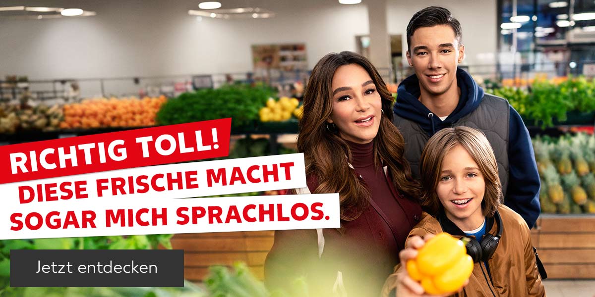 Schriftzug: Richtig toll! Diese Frische macht sogar mich sprachlos; Abbildung: Verena Pooth und ihre beiden Söhne in einer Kaufland-Filiale; Button: Jetzt entdecken