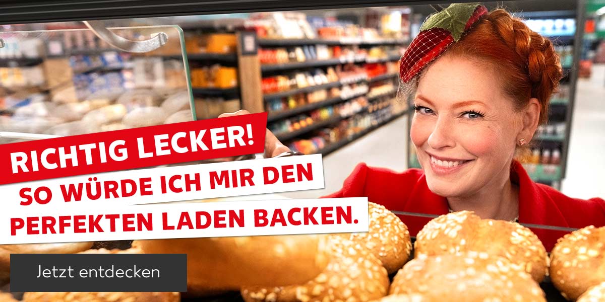 Schriftzug: Richtig lecker! So würde ich mir den perfekten Laden backen.; Abbildung: Enie van de Meiklokjes in einer Kaufland-Filiale; Button: Jetzt entdecken