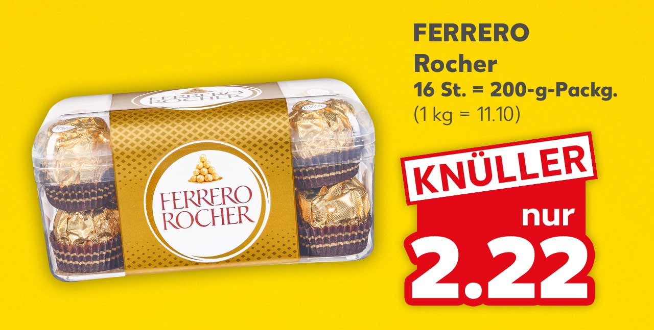 Ferrero Rocher, 16 St. = 200-g-Packg. für 2.22 Euro (1 kg = 11.10)