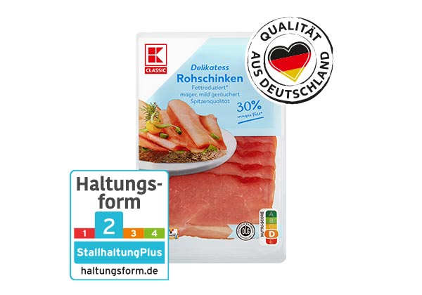 K-Classic Rohschinken; Logo: Haltungsform 2; Logo: Qualität aus Deutschland