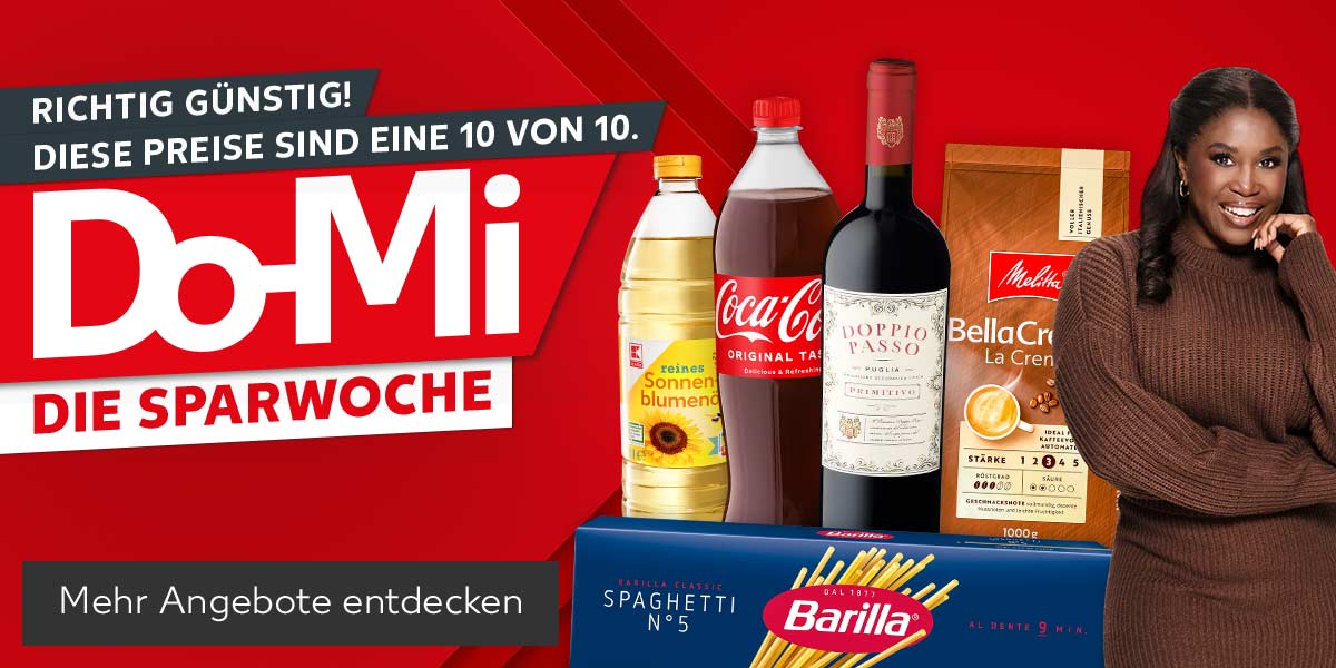 Schriftzug: Richtig günstig! Diese Preise sind eine 10 von 10., Do-Mi Die Sparwoche; Produktabbildungen: K-Classic Sonnenblumenöl, Coca-Cola, Fanta, Sprite oder Mezzo Mix, Doppio Passo Primitivo IGT oder Grillo Doc, Melitta BellaCrema, Barilla Classic Pasta; Abbildung: Motsi Mabuse; Button: Mehr Angebote entdecken