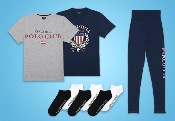 Produktabbildungen: Kingshill Polo Club T-Shirt, Kingshill Polo Club Damen-Leggings, Kingshill Polo Club Socken