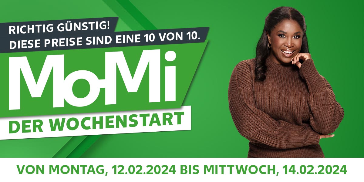 Schriftzug: Richtig günstig! Diese Preise sind eine 10 von 10., Mo-Mi Der Wochenstart; Von Montag, 12.02.2024 bis Mittwoch, 14.02.2024; Abbildung: Motsi Mabuse