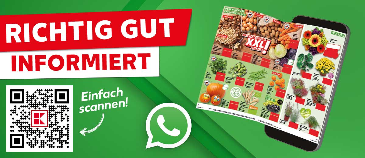 Logo: WhatsApp; Schriftzug: Richtig gut informiert; Abbildung: Smartphone mit Prospekt; Schriftzug: Einfach scannen! zeigt auf QR-Code