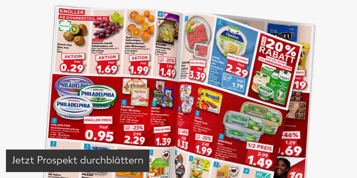Abbildung: Prospekt wird durchgeblättert; Button: Jetzt Prospekt durchblättern