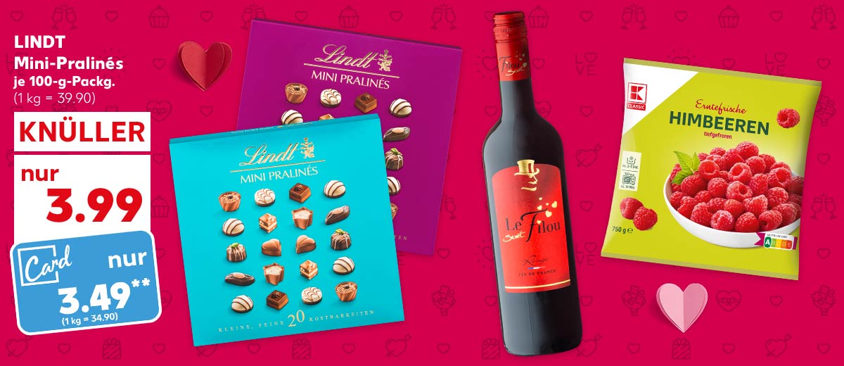 Lindt Mini-Pralinés, versch. Sorten, je 100-g-Packg. für 3.99 Euro (1 kg = 39.90); Kaufland Card Preis: 3.49 Euro** (1 kg = 34.90); Weitere Produktabbildungen: Le Filou Sweet, K-Classic Himbeeren