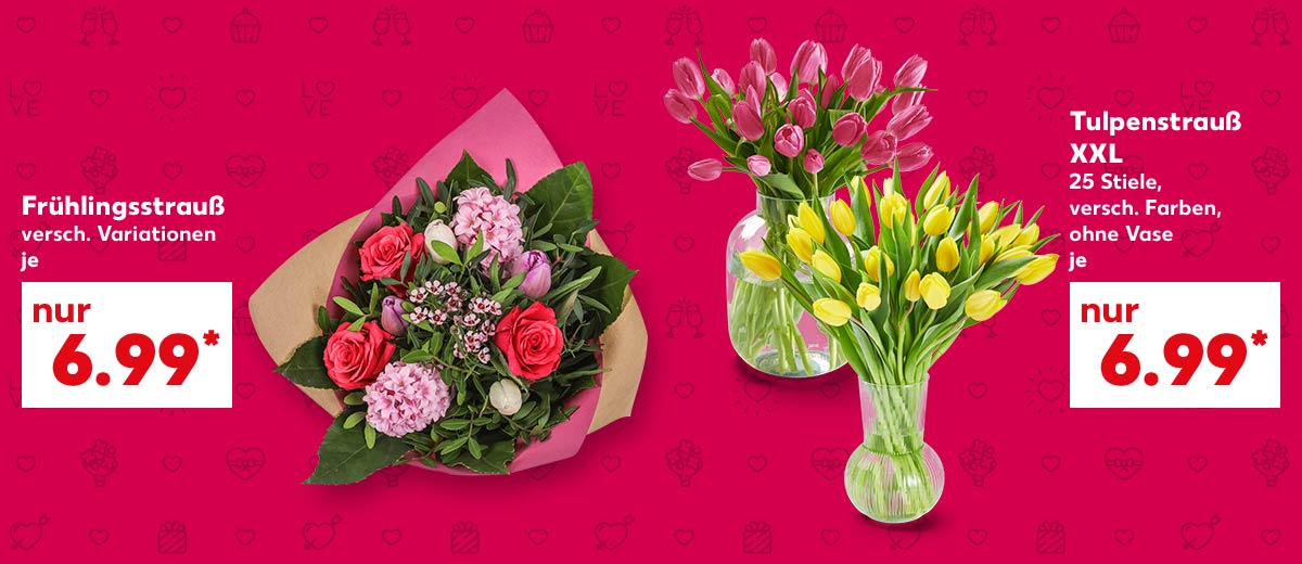 Frühlingsstrauß, versch. Variationen, je für 6.99 Euro*; Tulpenstrauß, 25 Stiele, versch. Farben, ohne Vase, je für 6.99 Euro*