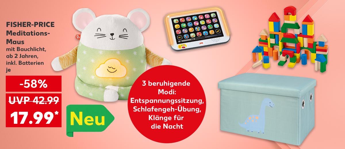 Fisher-Price Meditations-Maus, mit Bauchlicht, ab 2 Jahren, inkl. Batterien, je für 17.99 Euro* (UVP = 42.99 Euro); Störer: Neu; Störer: 3 beruhigende Modi: Entspannungssitzung, Schlafengeh-Übung, Klänge für die Nacht; Weitere Produktabbildungen: Fisher-Price Lernspaß-Tablet, Kidland® Bausteine-Mix, Kidland® Sitztruhe