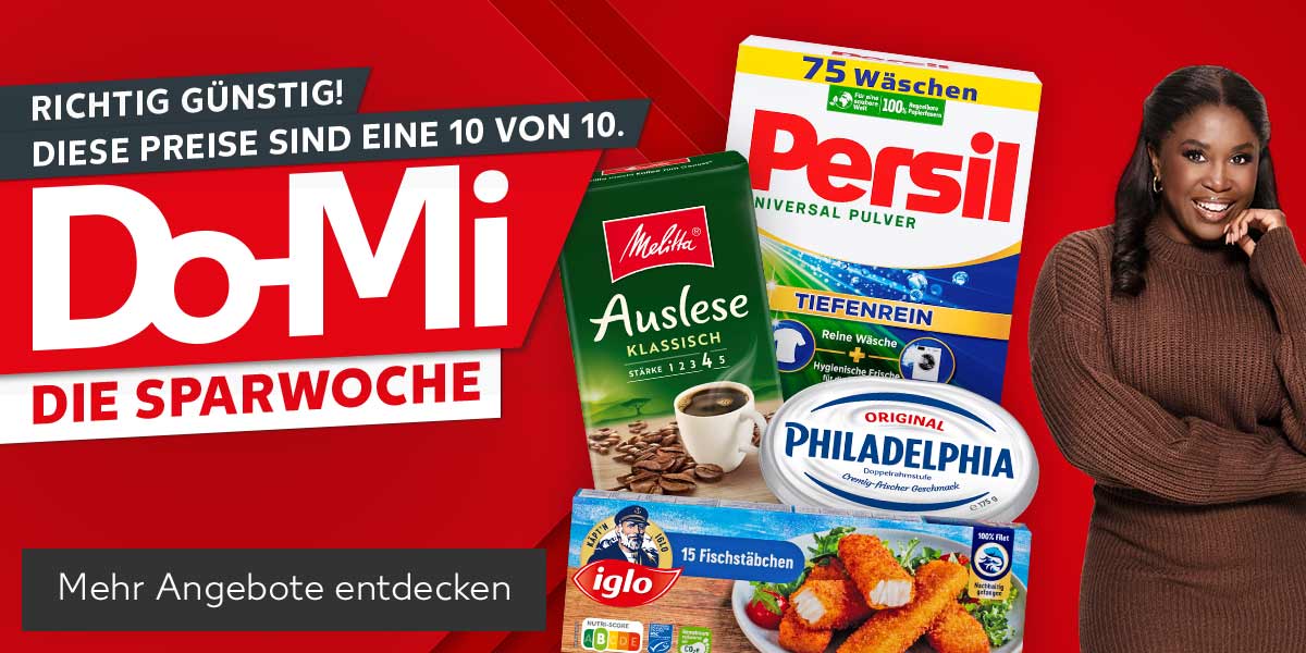 Schriftzug: Richtig günstig! Diese Preise sind eine 10 von 10. Do-Mi, Die Sparwoche; Produktabbildungen: Iglo Fischstäbchen, Melitta Kaffee, Persil Voll- oder Colorwaschmittel, Philadelphia Frischkäsezubereitung; Abbildung: Motsi Mabuse; Button: Mehr Angebote entdecken