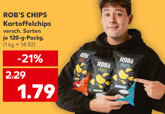 Rob's Chips Kartoffelchips, versch. Sorten, je 120-g-Packg. für 1.79 Euro (1 kg = 14.92); Abbildung: CrispyRob