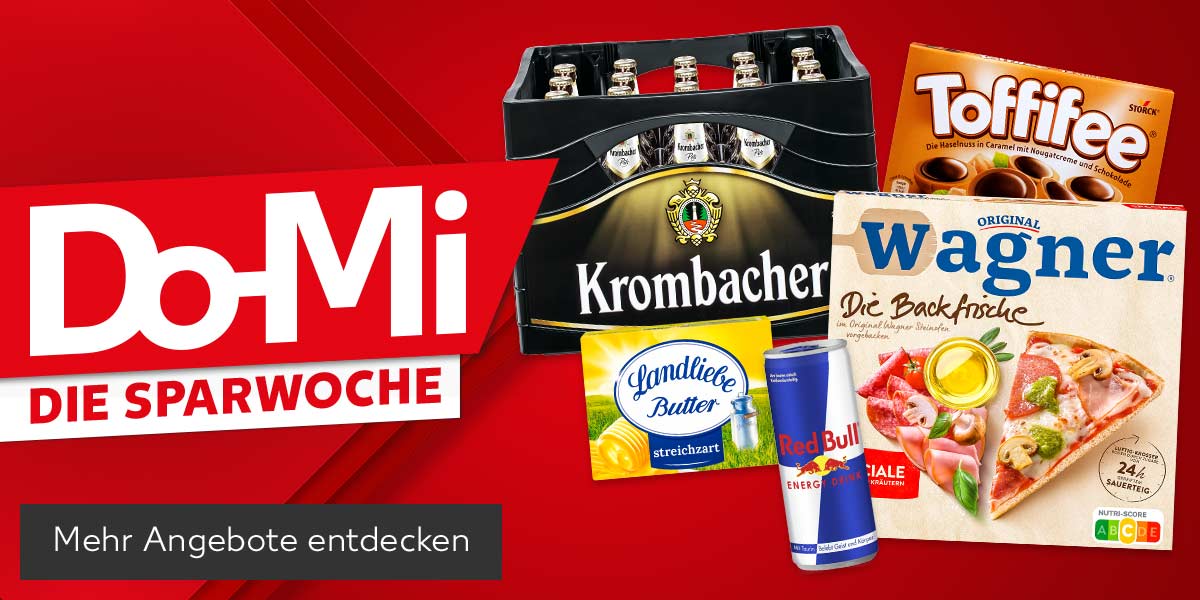 Schriftzug: Do-Mi, Die Sparwoche; Produktabbildungen: Krombacher Pils, Toffifee, Landliebe Butter oder Die Streichzarte, Original Wagner Die Backfrische oder Big City Pizza, Red Bull Energy Drink; Button: Mehr Angebote entdecken