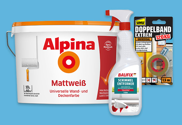 Produktabbildungen: Alpina Wand- und Deckenfarbe Mattweiß, Baufix Schimmelentferner, Uhu Doppelband