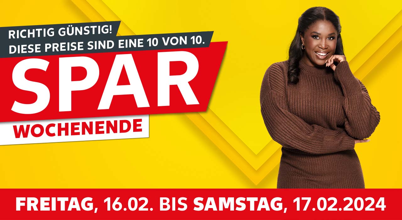 Schriftzug: Richtig günstig! Diese Preise sind eine 10 von 10., Sparwochenende, Freitag, 16.02. bis Samstag, 17.02.2024; Abbildung: Motsi Mabuse