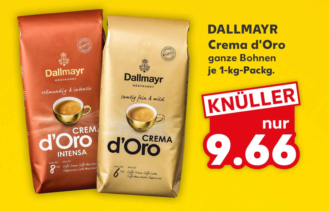Dallmayr Crema d'Oro, versch. Sorten, ganze Bohnen, je 1-kg-Packg. für 9.66 Euro